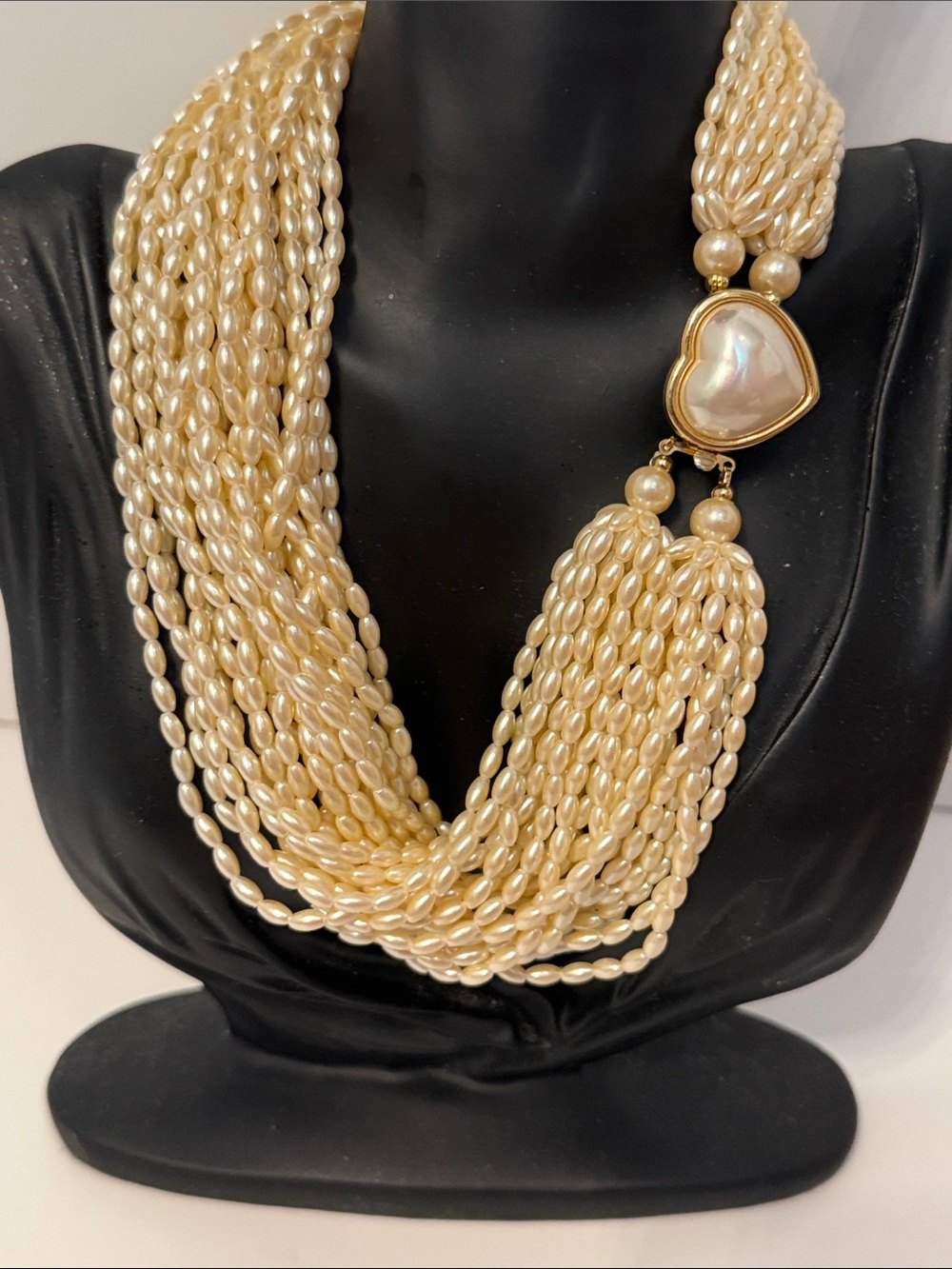 CAROLEE vintage necklace Multi-Strand Faux Pearl cream rice gold heart clasp 17”
